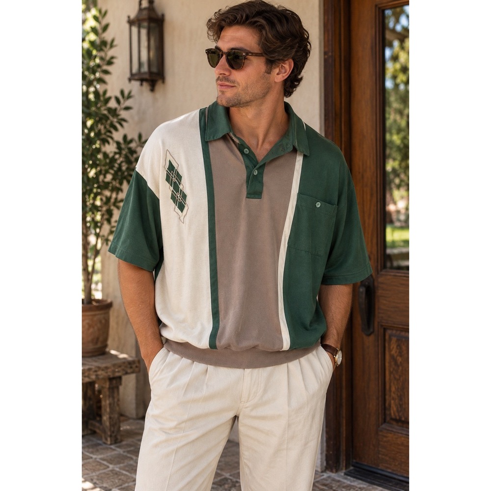 Vintage Classics PalmLand XL Argyle Polo Shirt Colorblock Banded Hem GrandpaCore
